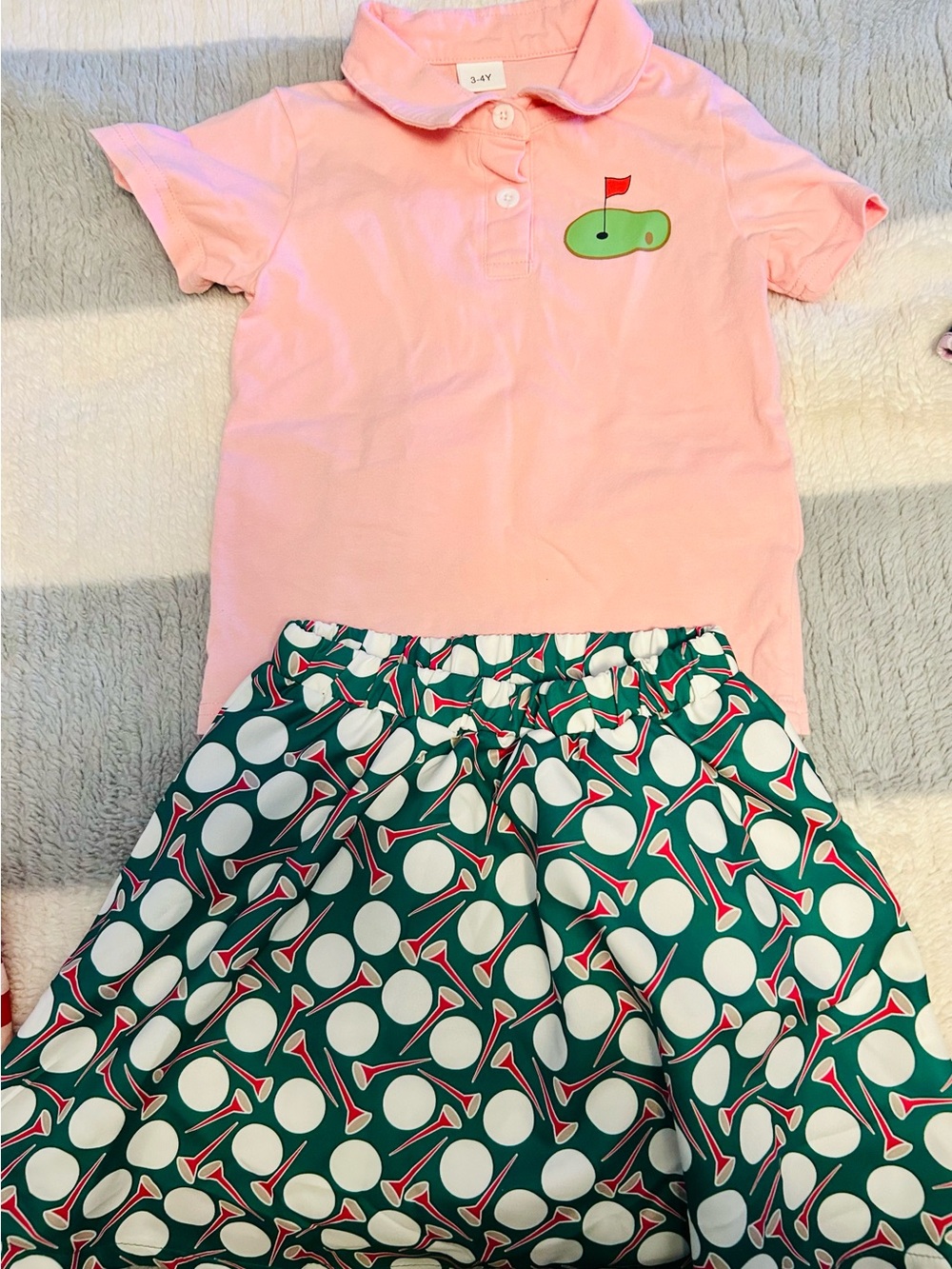 Pink Polo Top with Golf Motif & Green Golf Tee Print Skirt Set